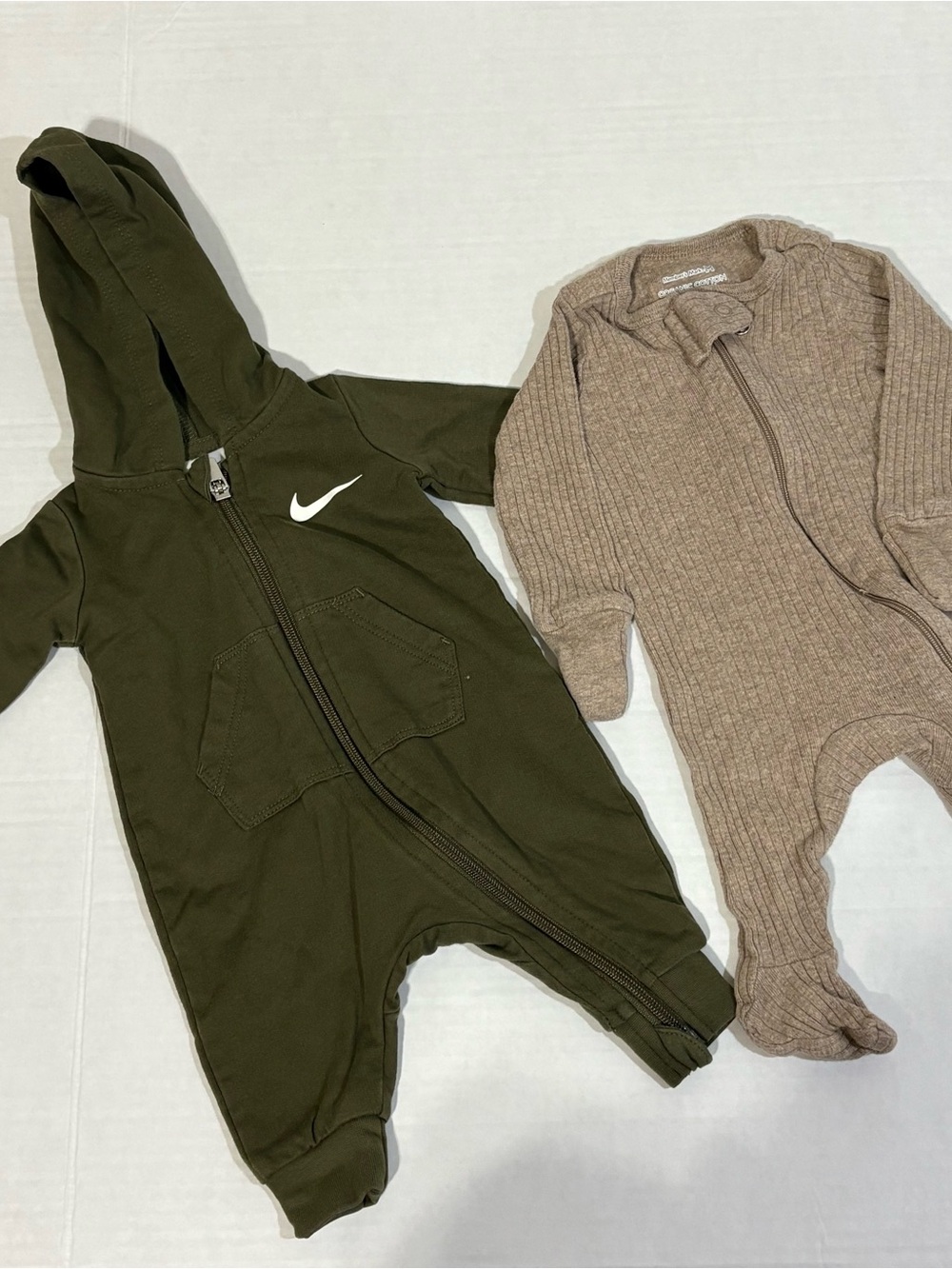 Nike Olive Hooded Baby One-Piece with White Swoosh